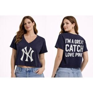 Pink Victorias Secret M NY Yankees MLB Rhinestone Studded I’m A Catch Crop Top